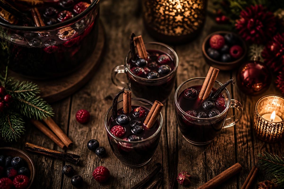 Bärglögg med blåbär och hallon serverad i glöggkoppar