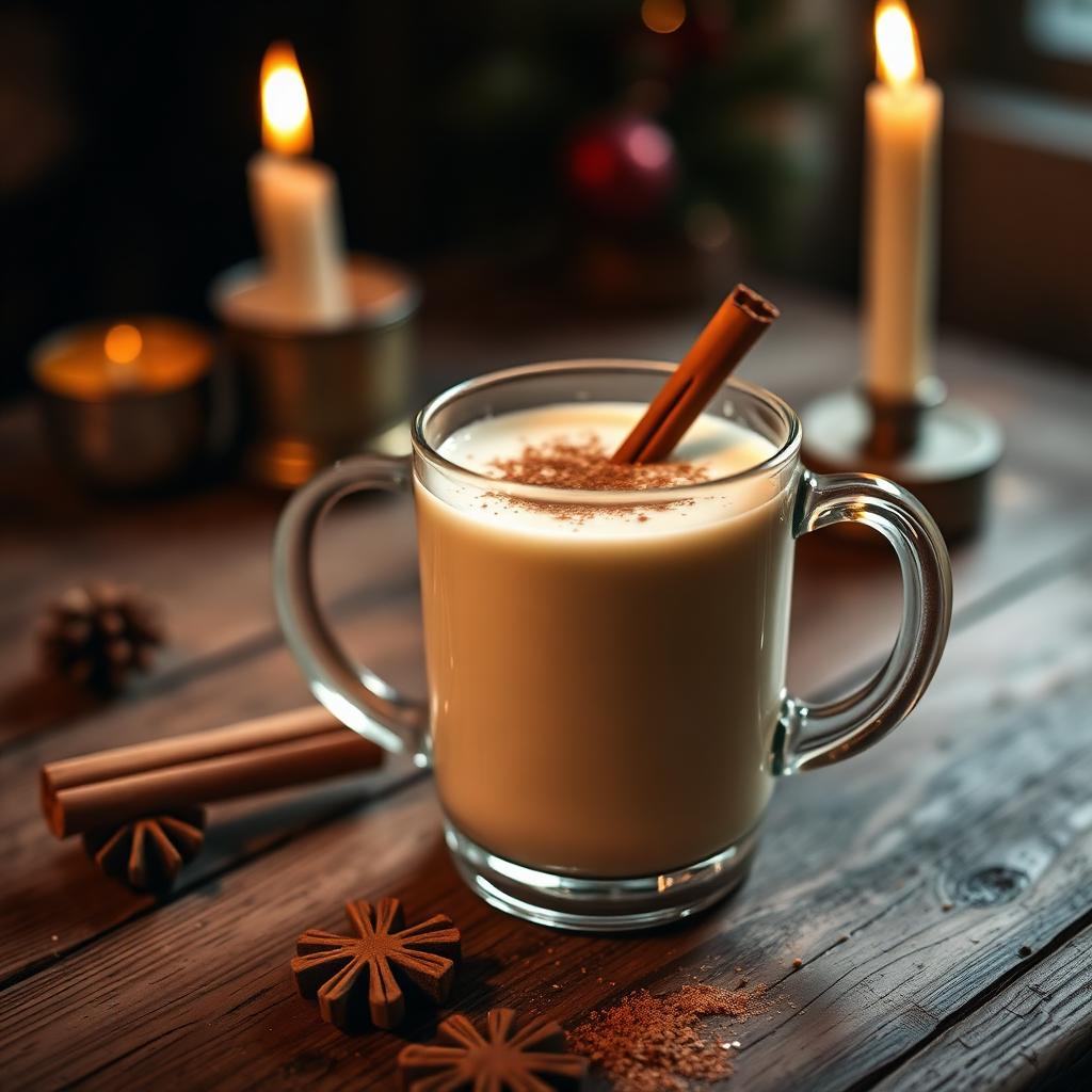 Hemgjord eggnog i glasmugg med kanelstång och muskot