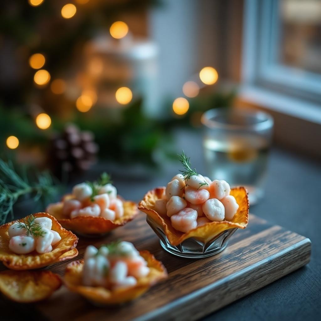 Roggenchips mit Krabbensalat und Dill