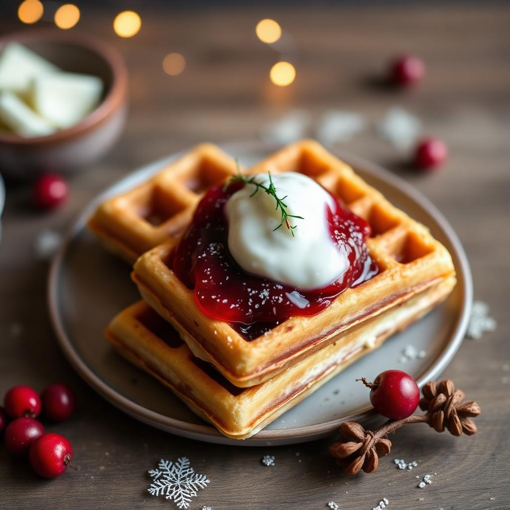 Mini-Waffeln mit gereiftem Käse und Preiselbeeren