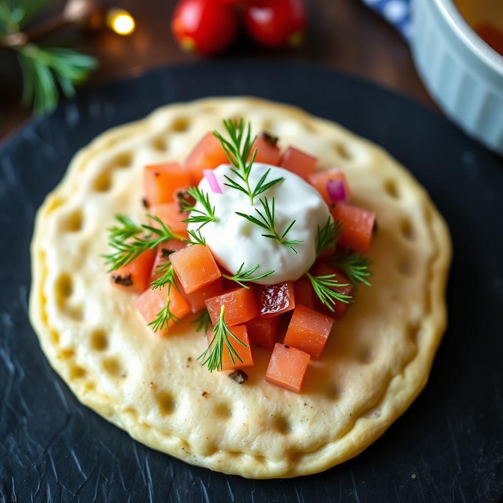 Blinis mit Kaviar, Smetana und roter Zwiebel