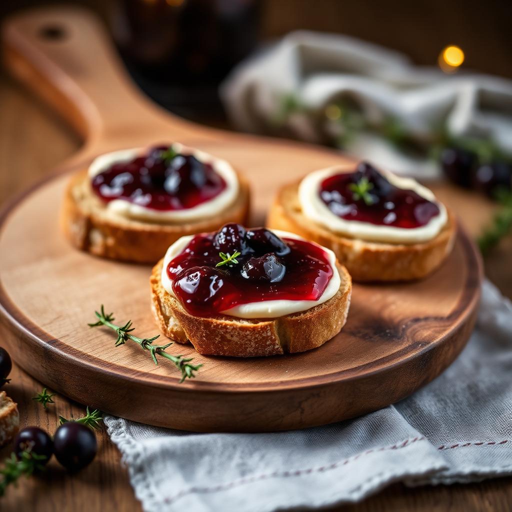 Brie mit Moltebeerenkonfitüre auf Crostini