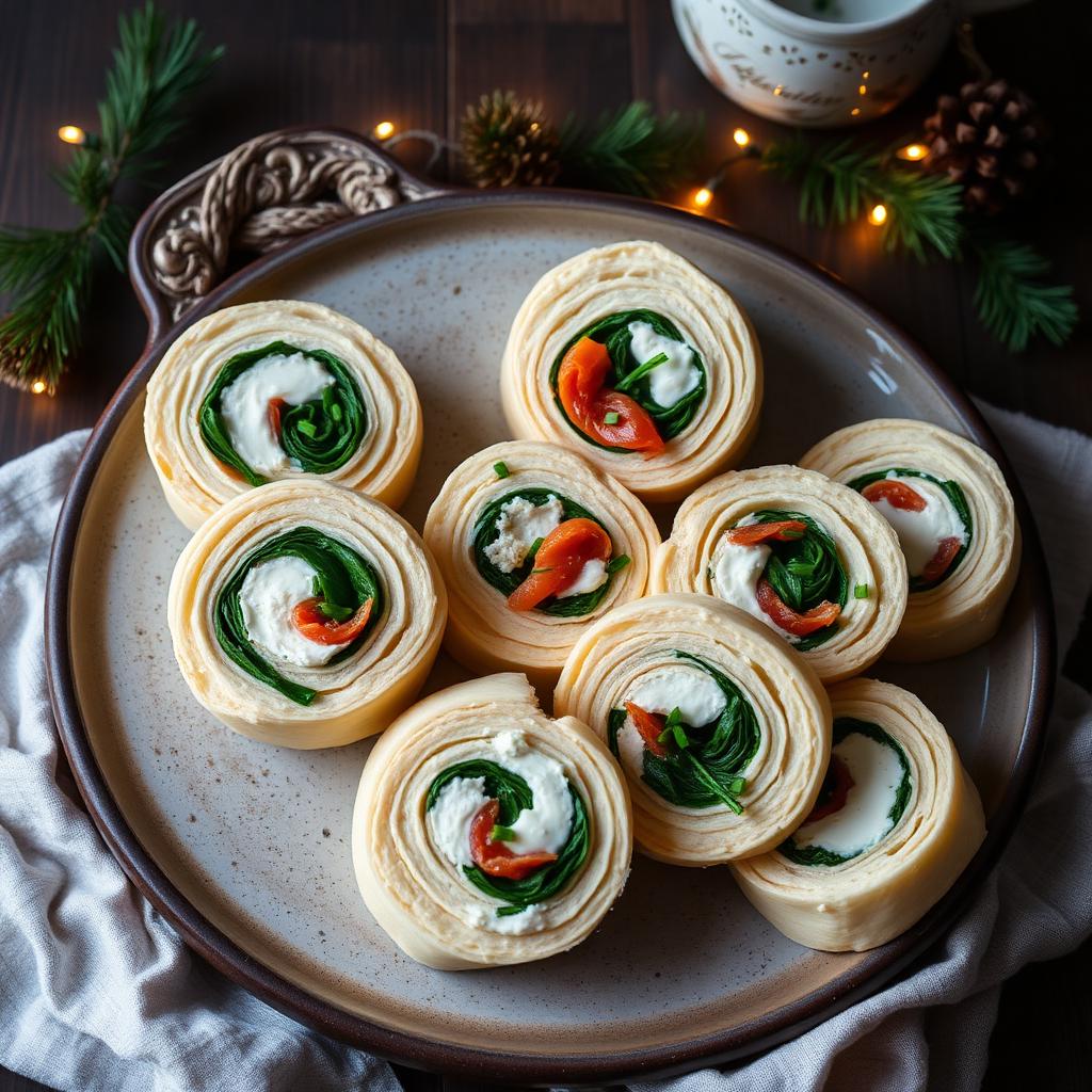 Fladenbrotröllchen mit kaltgeräuchertem Lachs, Meerrettich und Frischkäse
