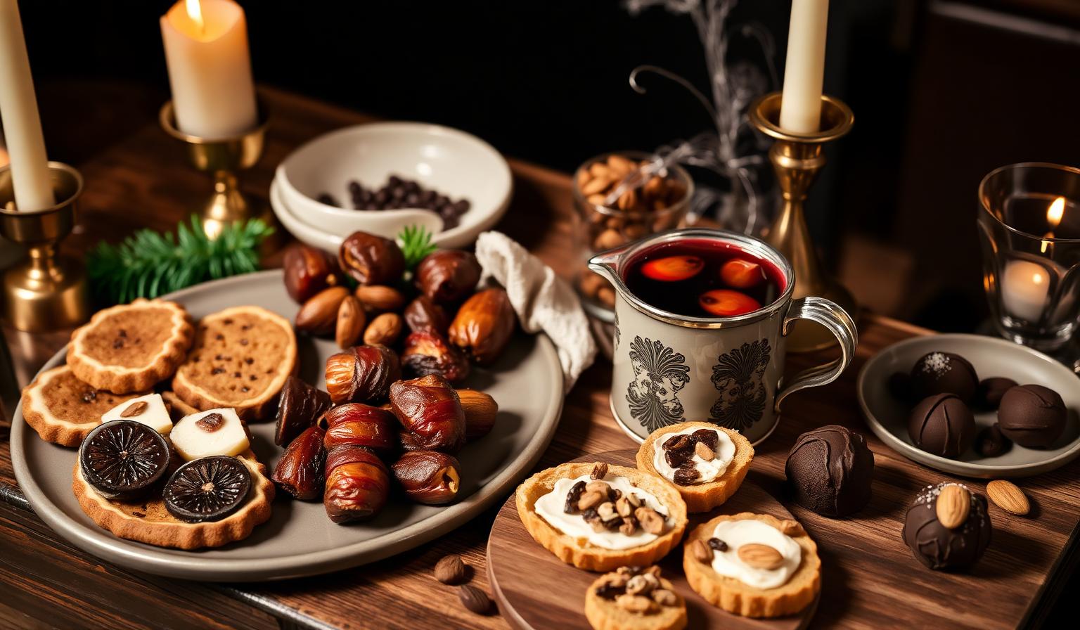 Vackert dukat glöggbord med pepparkakor, dadlar, mandlar, tryfflar och ångande glögg