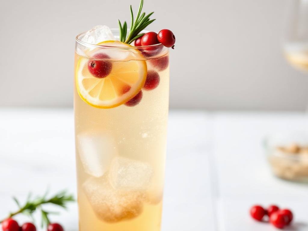 Vit glöggspritz med citron och rosmarin serverad i festligt glas med garnering